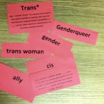 cards on a table: that say: Trans, Genderqueer, Trans woman, Ally, Cis, Gender