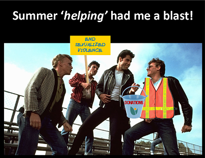 "Summer helping had me a blast" Picture of John Travolta from the movie Grease and 3 other men with event volunteer gear on.