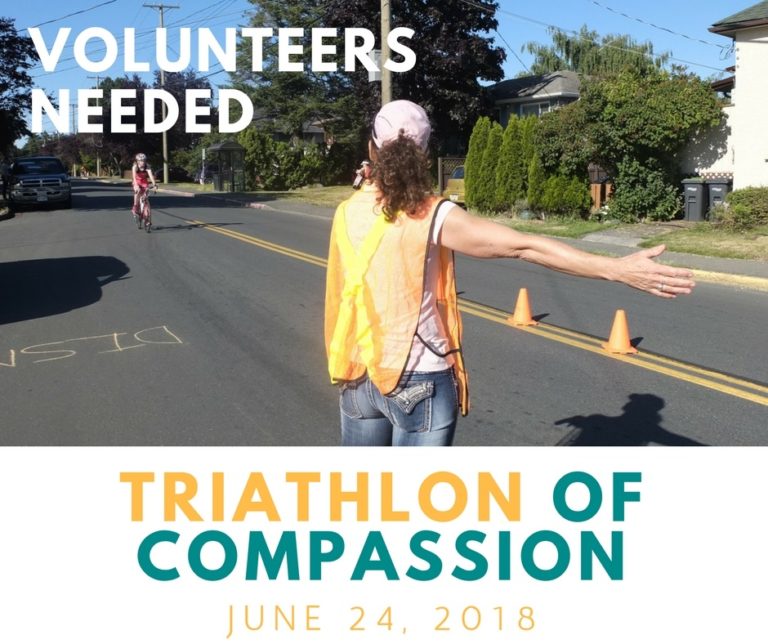A person stand beside a road and directs a runner who is participating in a Triathlon. Volunteers Needed. Triathlon of Compassion, June 24, 2018