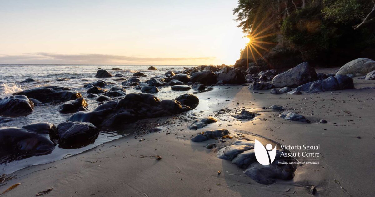 Vancouver Island coastline, with a little bit of sun poking out from behind the forest, with the VSAC logo in the bottom right.